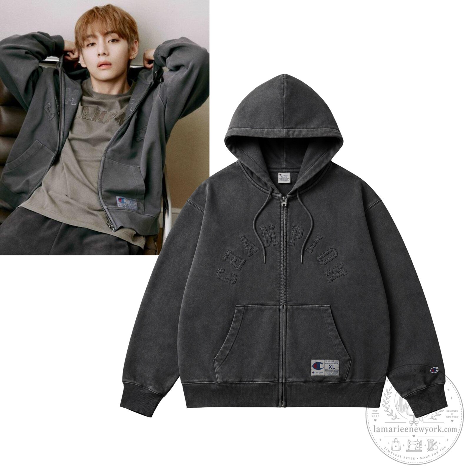 BTS V Kim Taehyung x Champion Vintage Pigment Oversized Zip Up Hoodie
