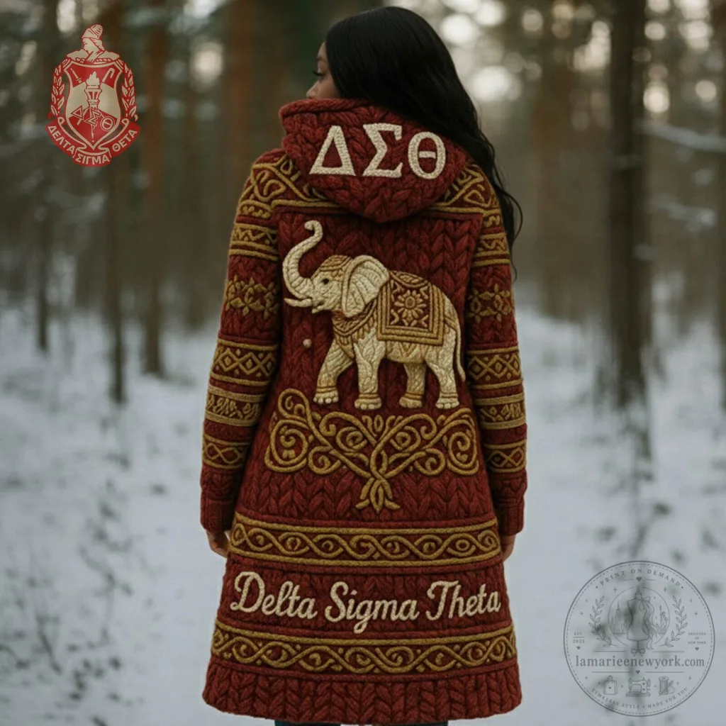 Embroidered Hooded Jacket Cardigan Featuring Delta Sigma Theta Elephant Design Embroidered Hooded Jacket Cardigan Featuring Delta Sigma Theta Elephant Design