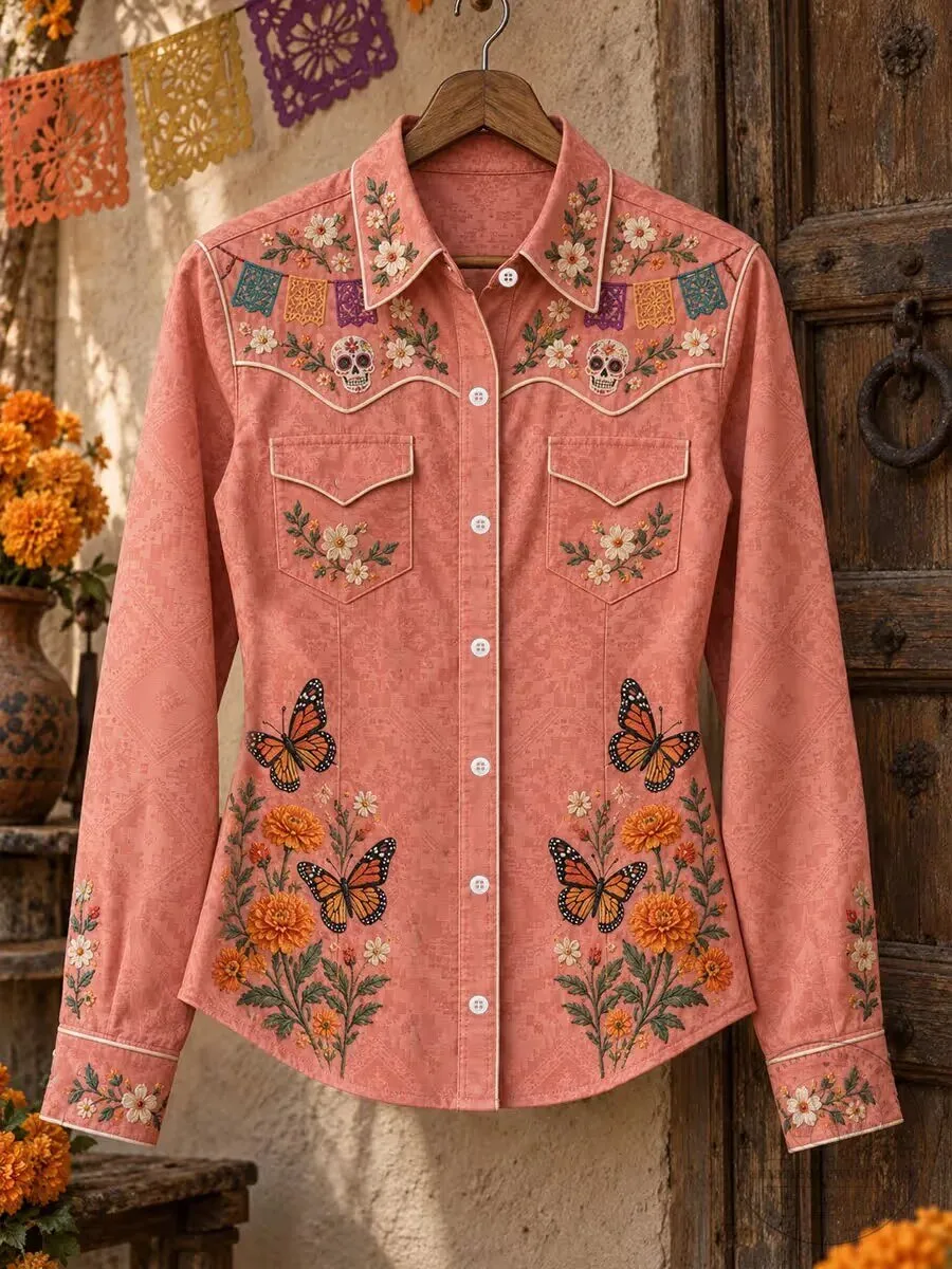 Day of the Dead Embroidered Butterflies Floral Skull Western Long-Sleeve Shirt 1 Day of the Dead Embroidered Butterflies Floral Skull Western Long-Sleeve Shirt
