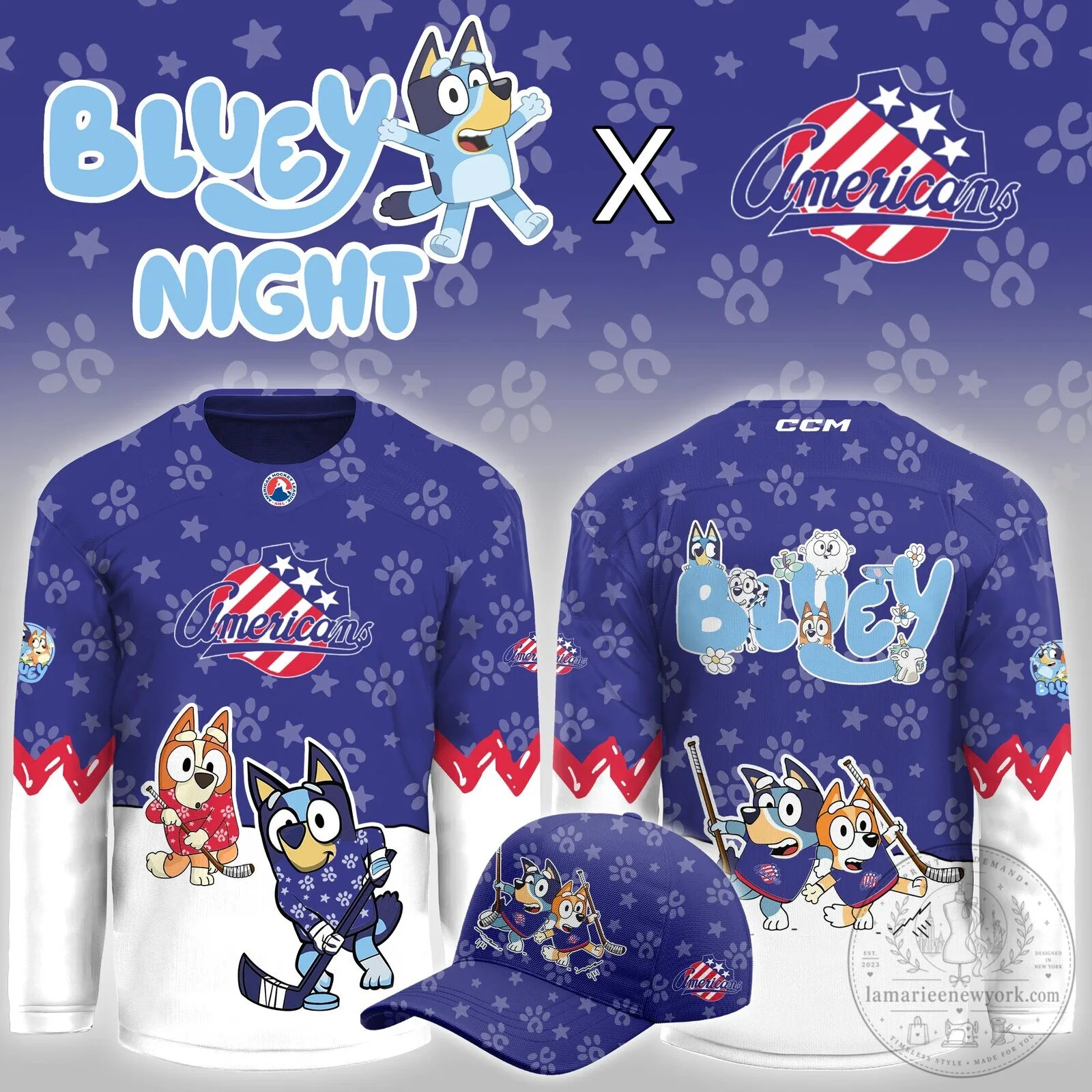 Bluey and Bingo Rochester Americans Hockey Night Blue Hockey Jersey