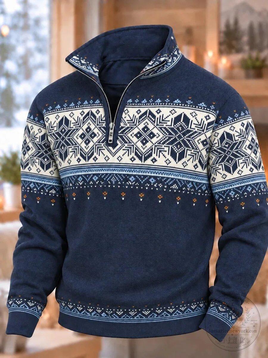 Nordic Snowflake Pattern Quarter Zip Pullover Sweater for Men