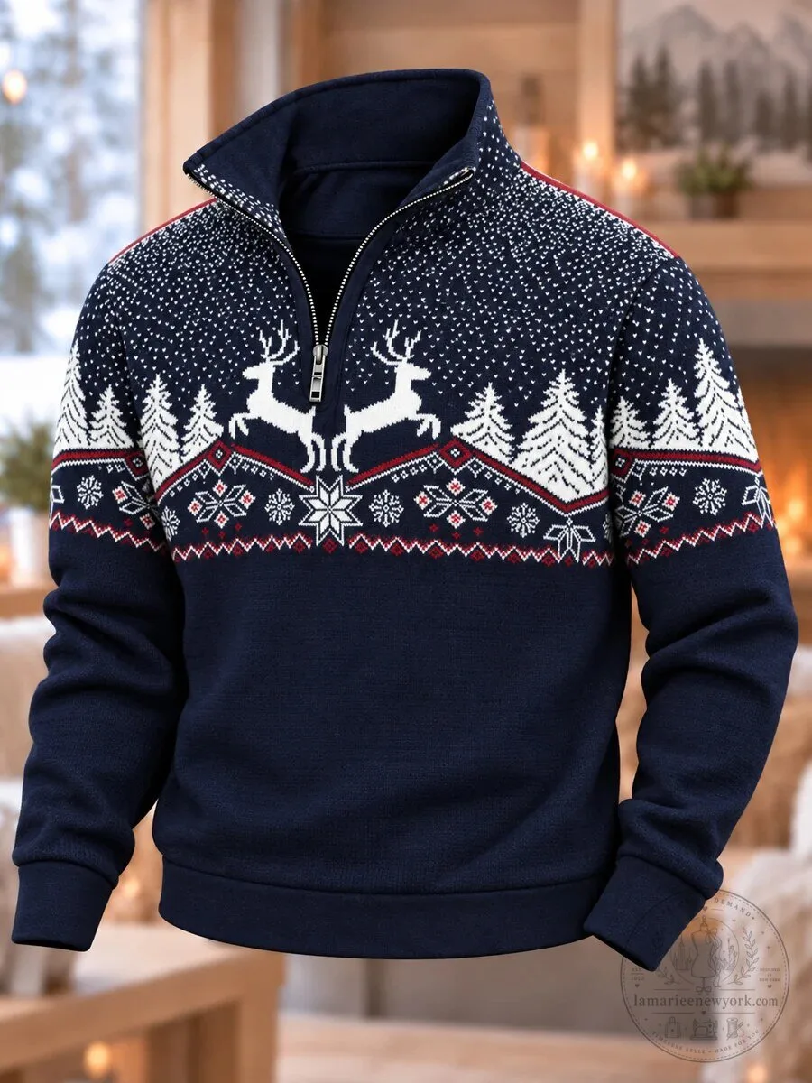 Nordic Reindeer Christmas Pattern Quarter Zip Pullover Sweatshirt