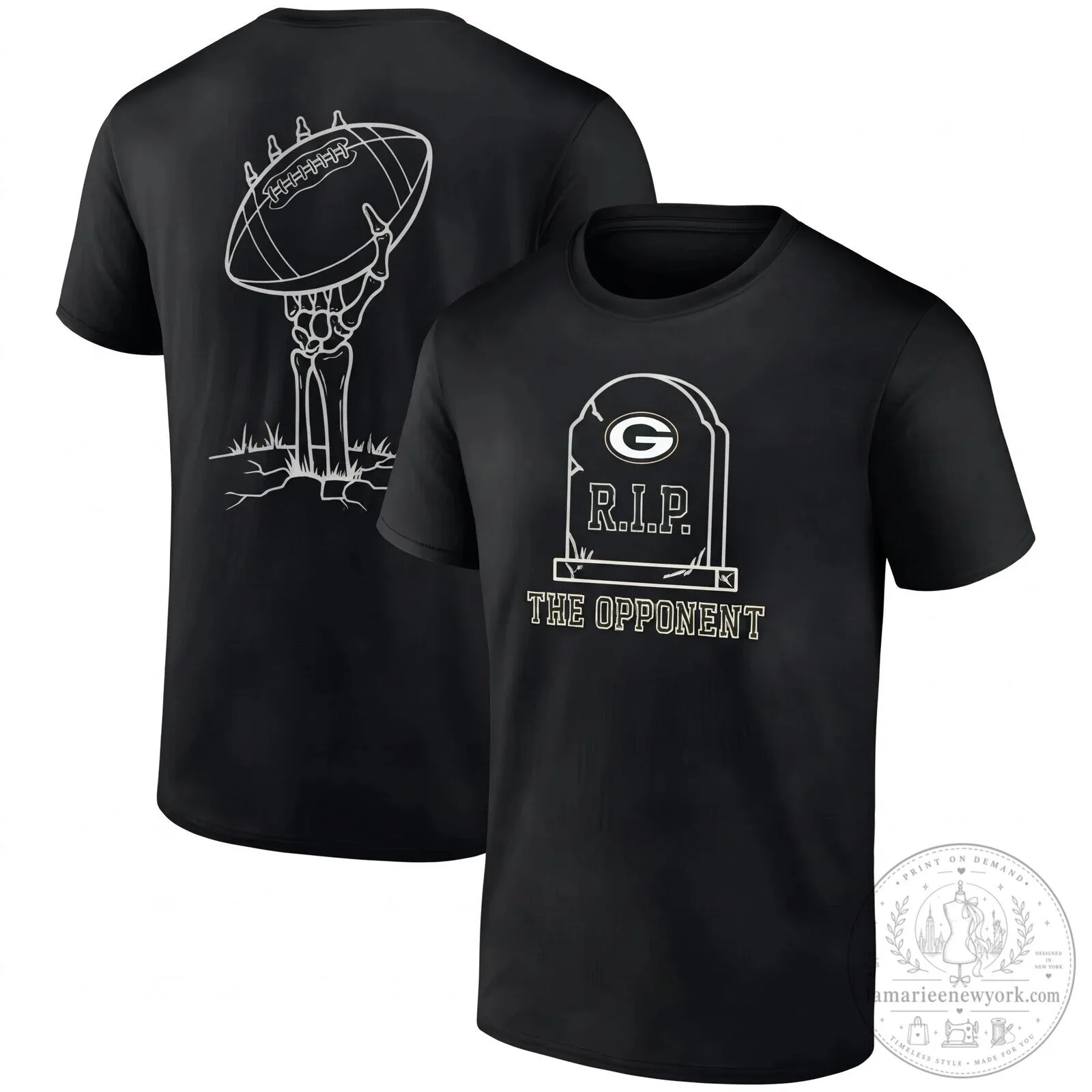 Green Bay Packers Halloween Skeleton Football Tombstone Black T-Shirt