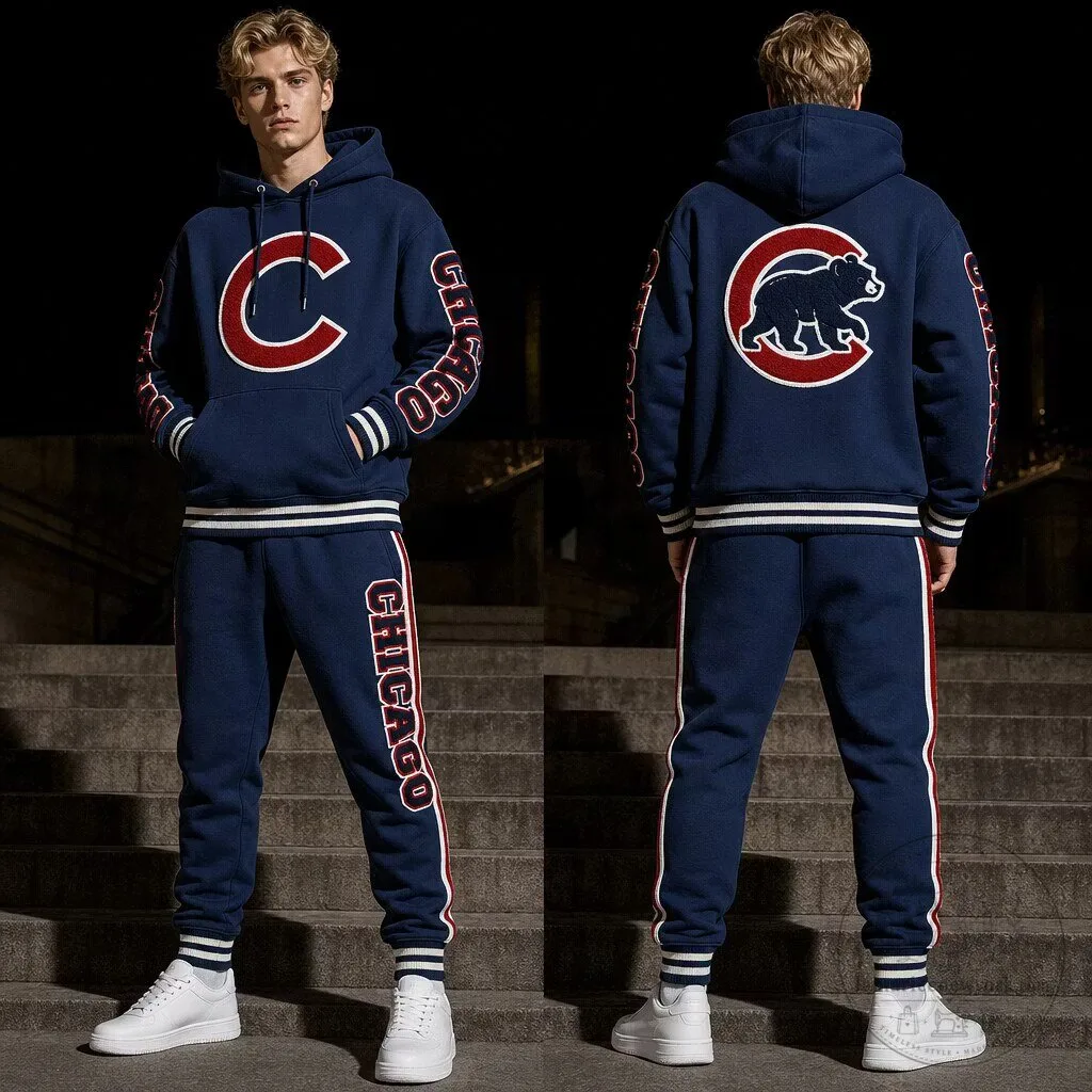 Chicago Cubs Navy Blue Hoodie With Bear Logo And Letter Graphic