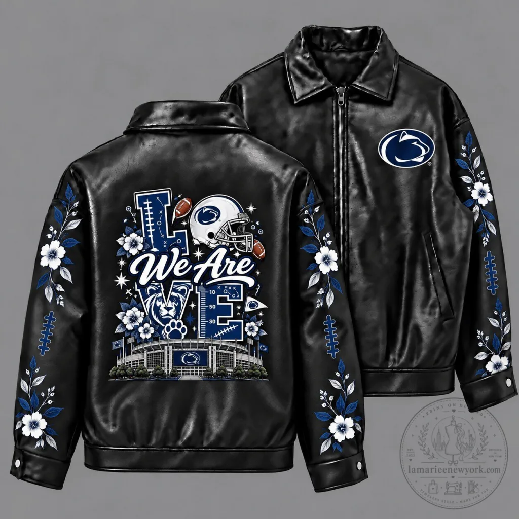 Penn State Nittany Lions Football Floral Black Leather Jacket Penn State Nittany Lions Football Floral Black Leather Jacket
