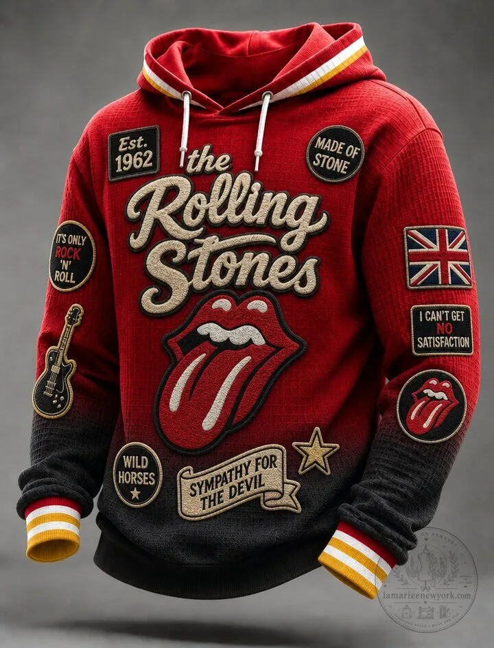 The Rolling Stones Red Gradient Waffle Textured Embroidered Patch Pullover Hoodie