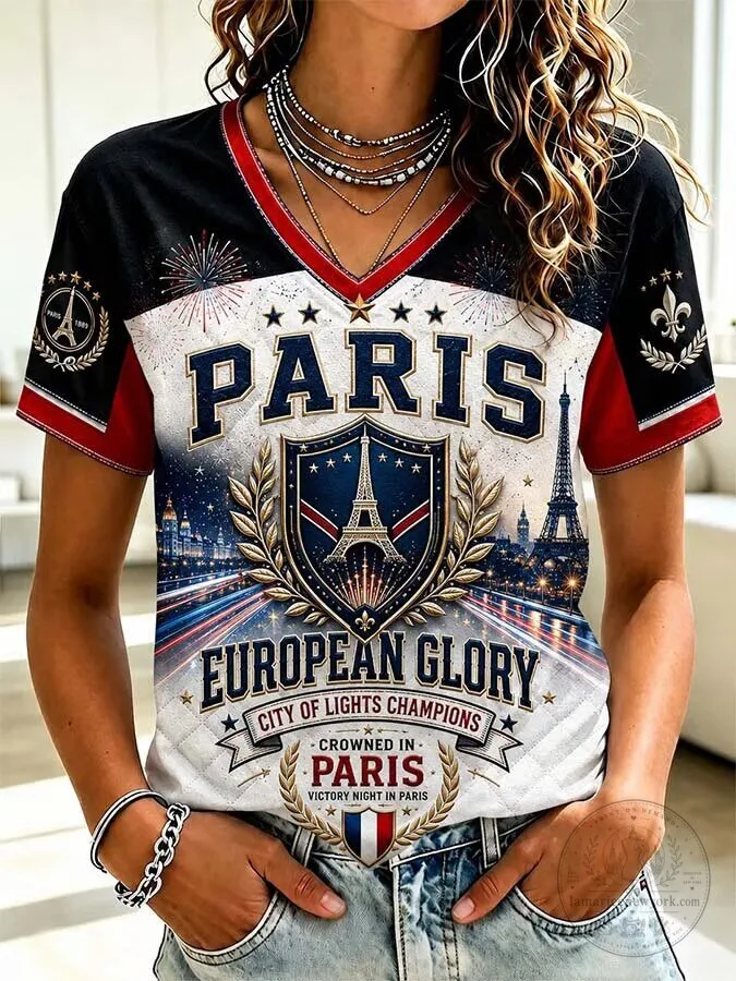 Paris European Glory City of Lights Champions France Football V-Neck T-Shirt