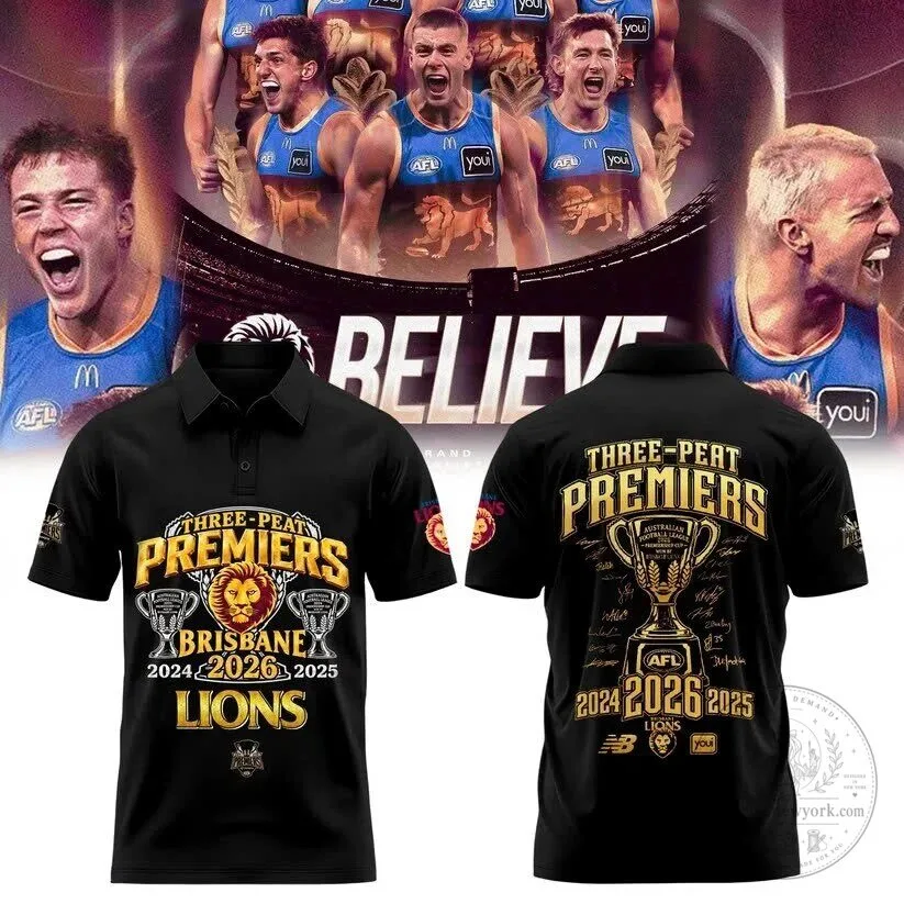 Brisbane Lions Australian Football League Three-Peat Premiers 2024 2025 2026 Polo Shirt