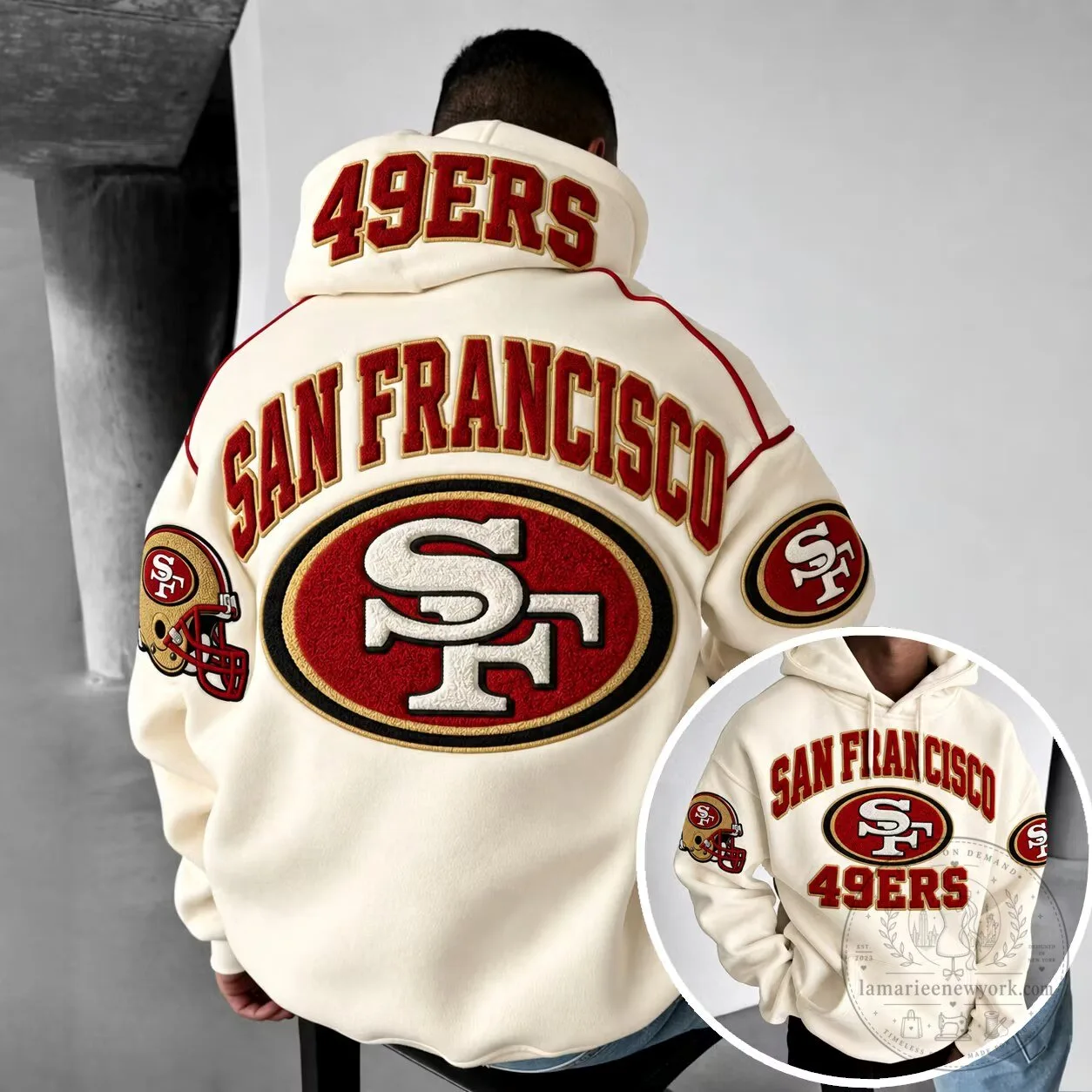 San Francisco 49ers Embroidered Cream White Hoodie
