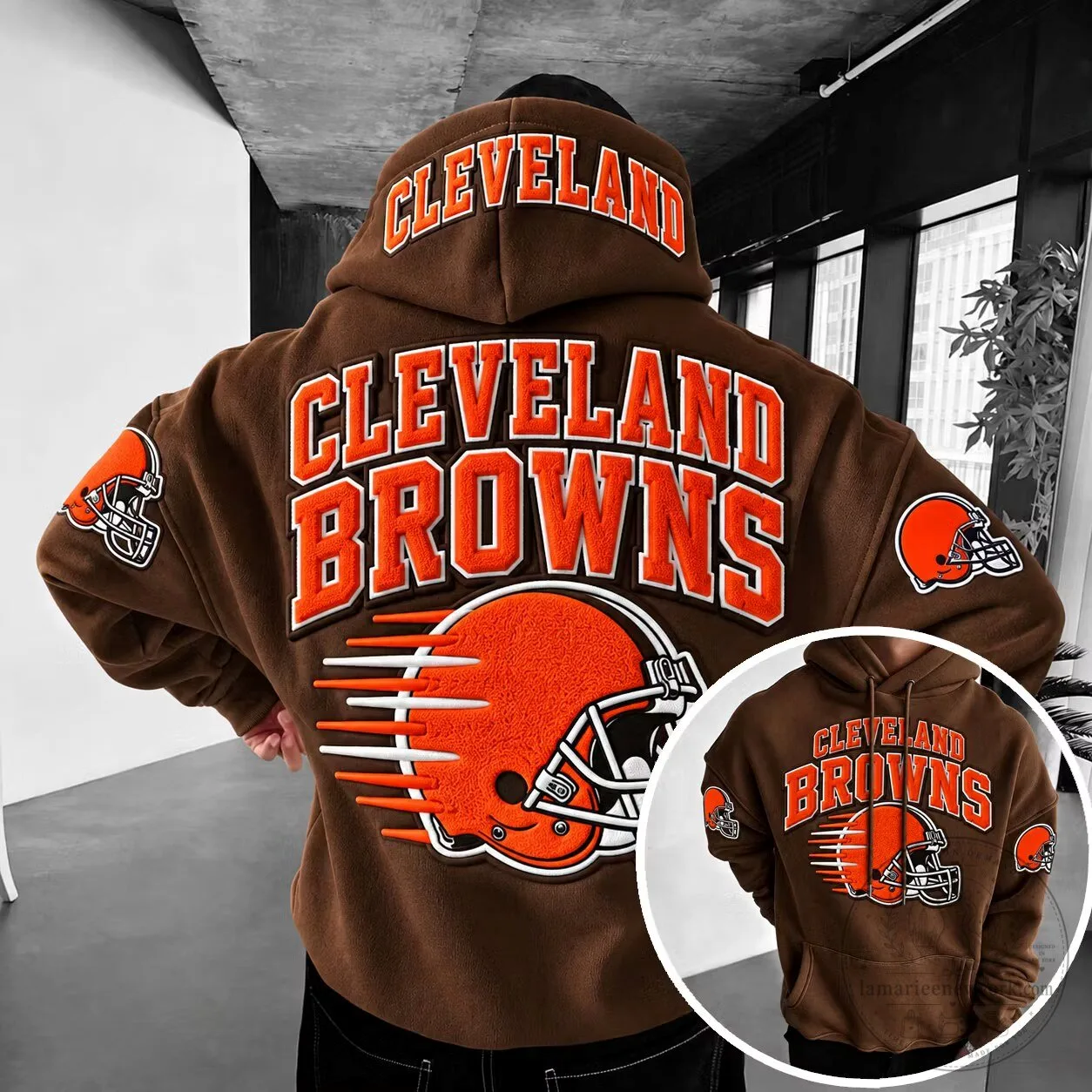Cleveland Browns Football Team Brown Hoodie with Helmet Graphic Design