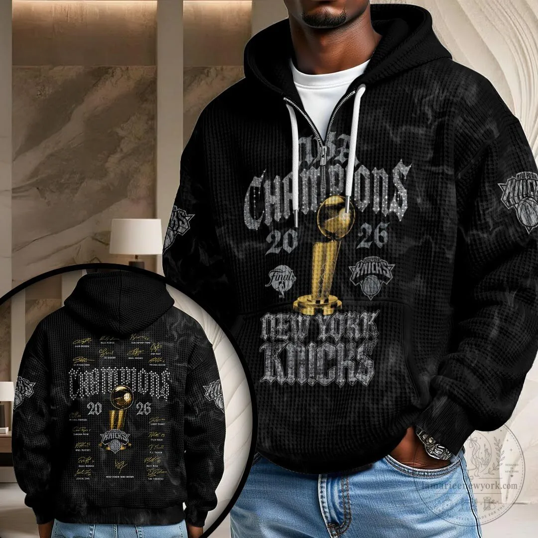 New York Knicks 2026 NBA Finals Champions Black Waffle Knit Hoodie