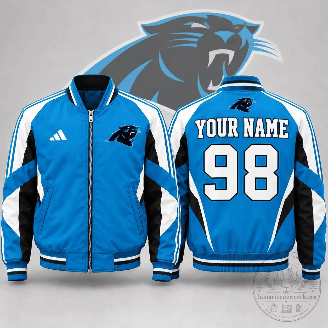 Carolina Panthers Personalized Blue and White Bomber Jacket