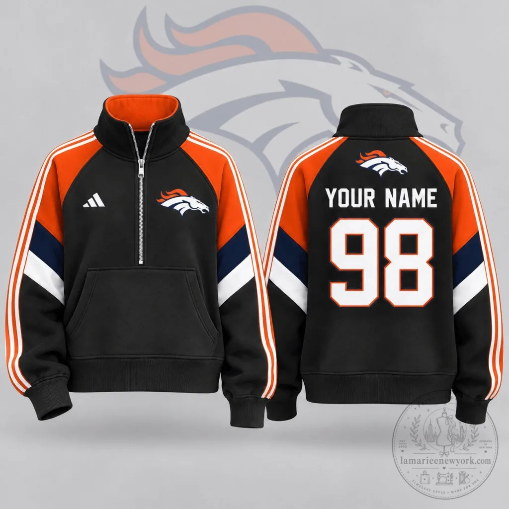 Denver Broncos Custom Name and Number Quarter Zip Pullover Sweatshirt Denver Broncos Custom Name and Number Quarter Zip Pullover Sweatshirt
