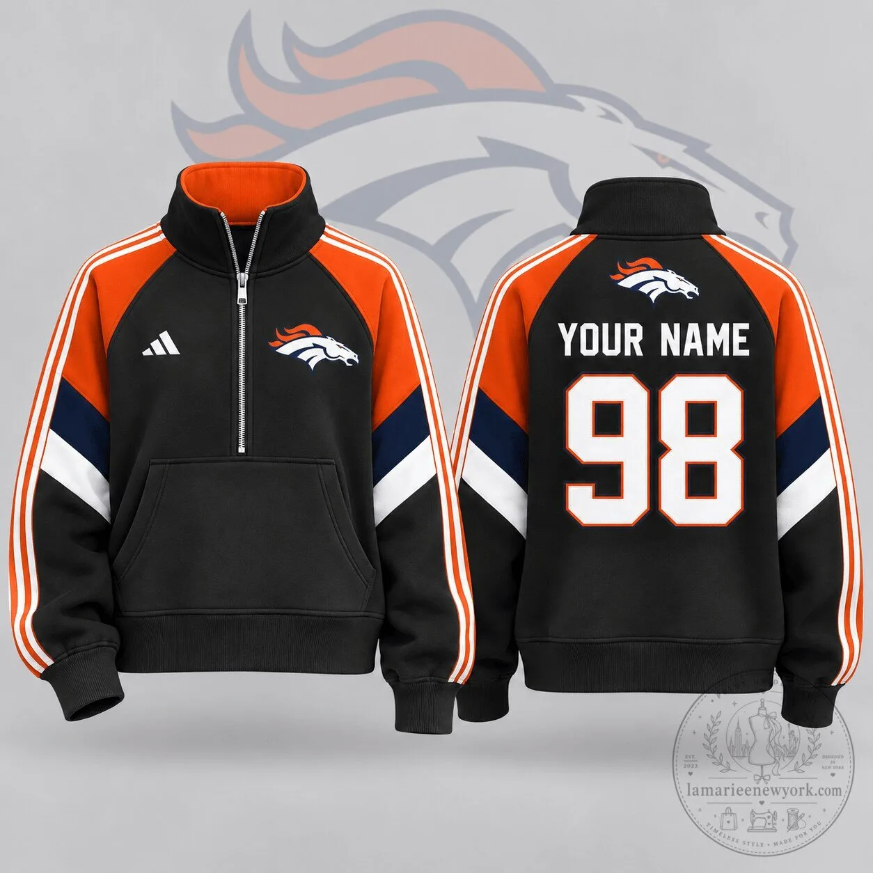 Denver Broncos Custom Name and Number Quarter Zip Pullover Sweatshirt