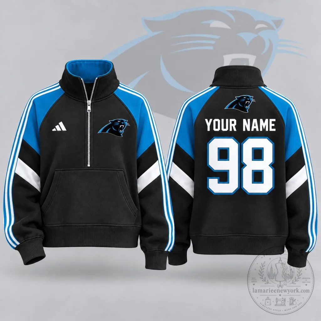 Carolina Panthers NFL Team Crest Custom Name Number Half Zip Pullover Sweatshirt Carolina Panthers NFL Team Crest Custom Name Number Half Zip Pullover Sweatshirt