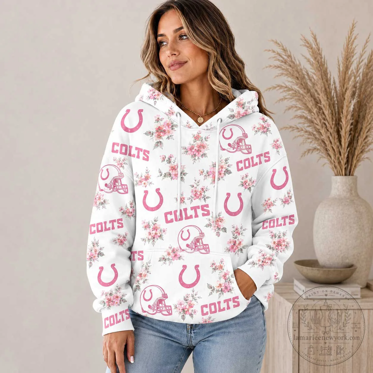 Indianapolis Colts Pink Floral Pattern Women's Football Team Hoodie