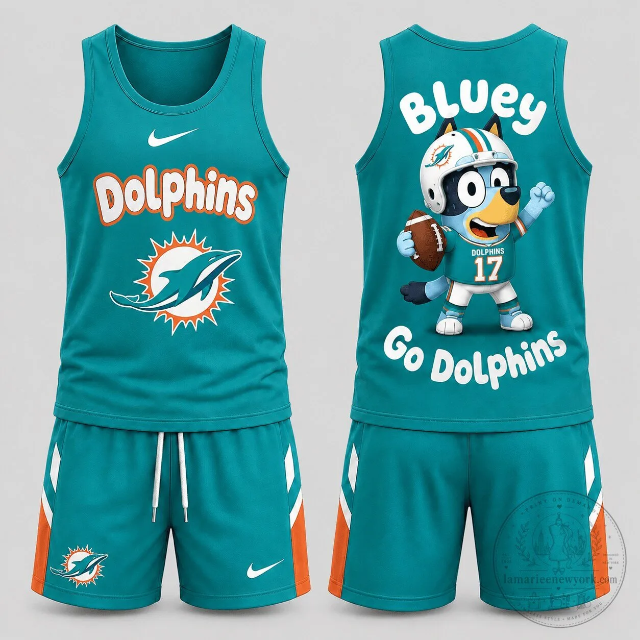 Miami Dolphins Bluey Cartoon Character Football Game Day Tank Top and Shorts Set
