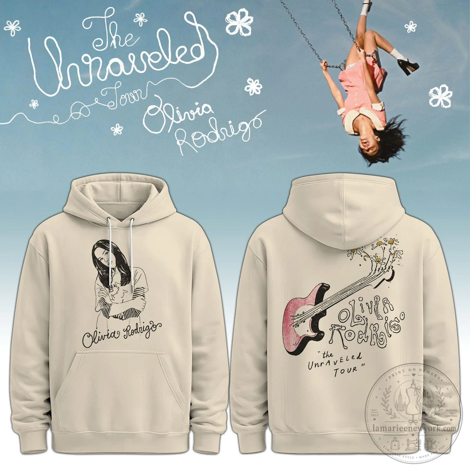 Olivia Rodrigo The Unraveled Tour Guitar Sketch Cream Hoodie