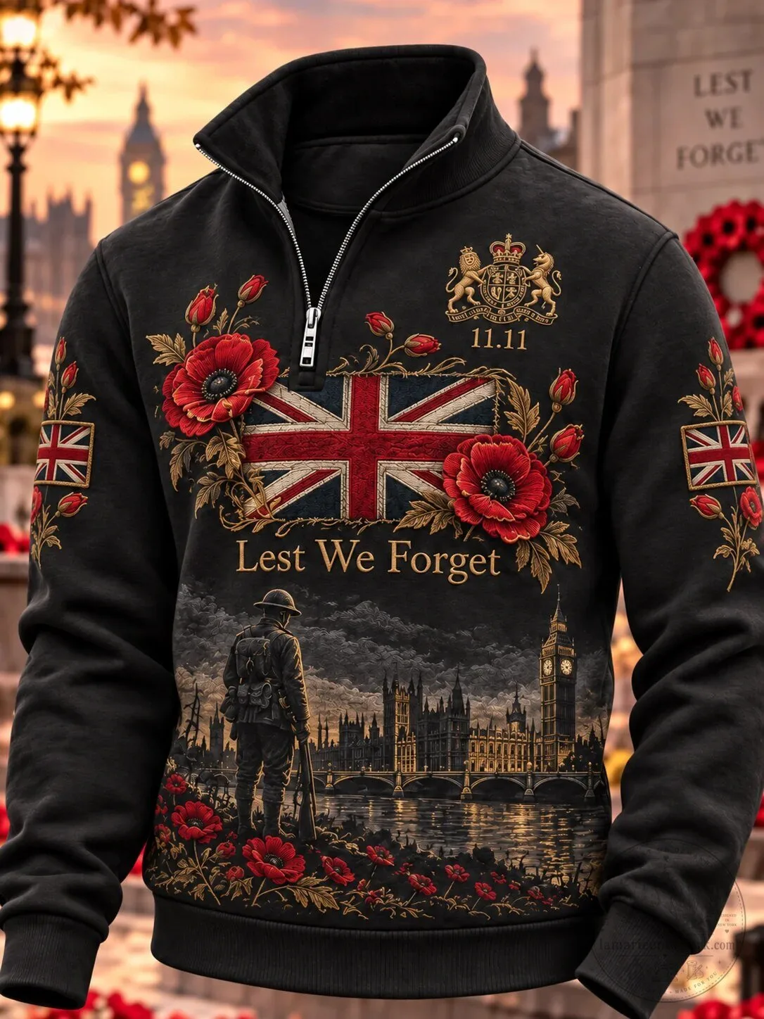 Remembrance Day Lest We Forget United Kingdom Poppy Flower Zip-Up Hoodie