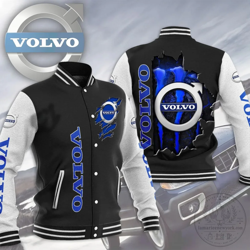 Volvo Car Company Logo Blue and Black Varsity Jacket for Men and Women Volvo Car Company Logo Blue and Black Varsity Jacket for Men and Women
