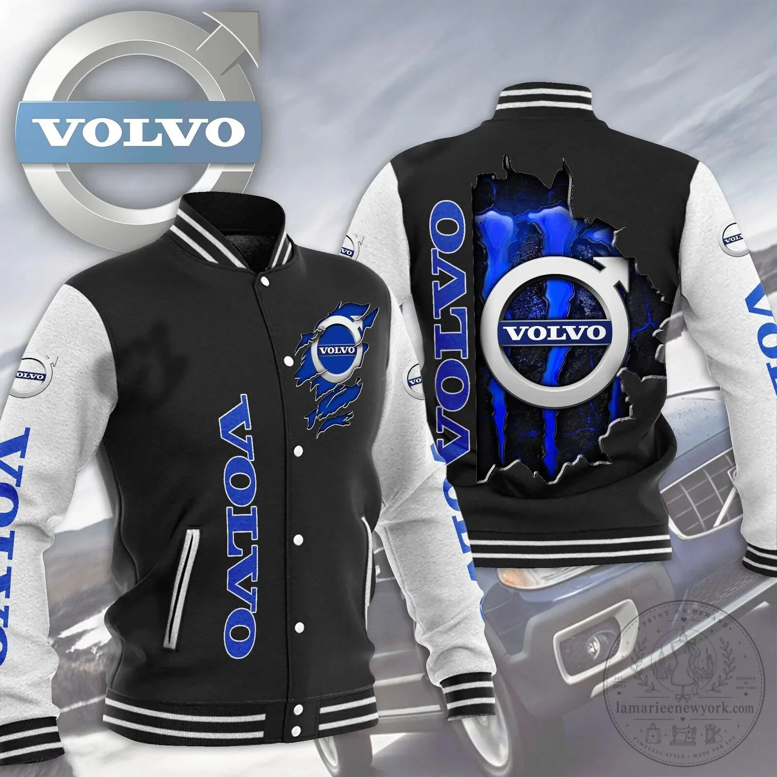 Volvo Car Company Logo Blue and Black Varsity Jacket for Men and Women