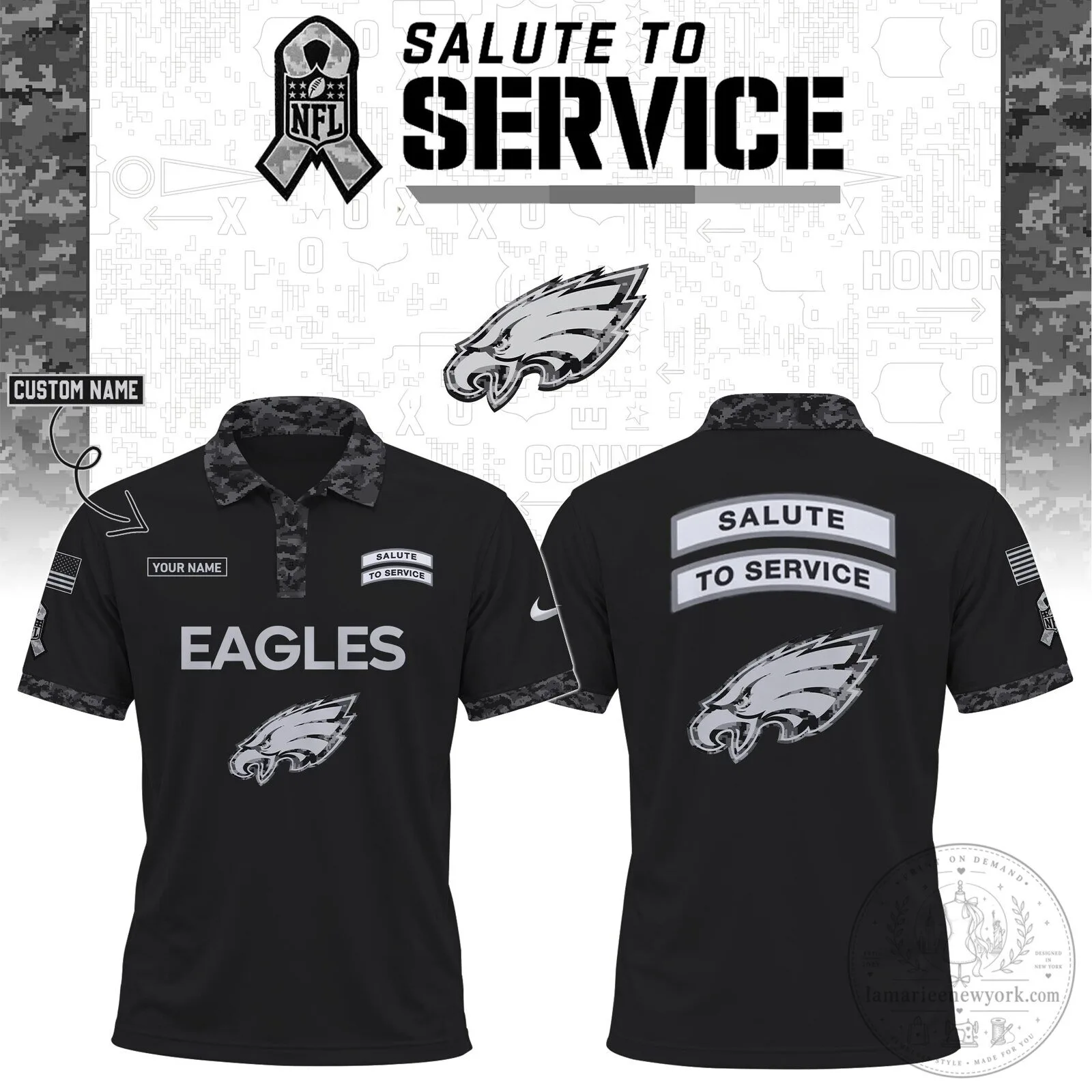 Philadelphia Eagles Black Salute To Service Custom Name Polo Shirt