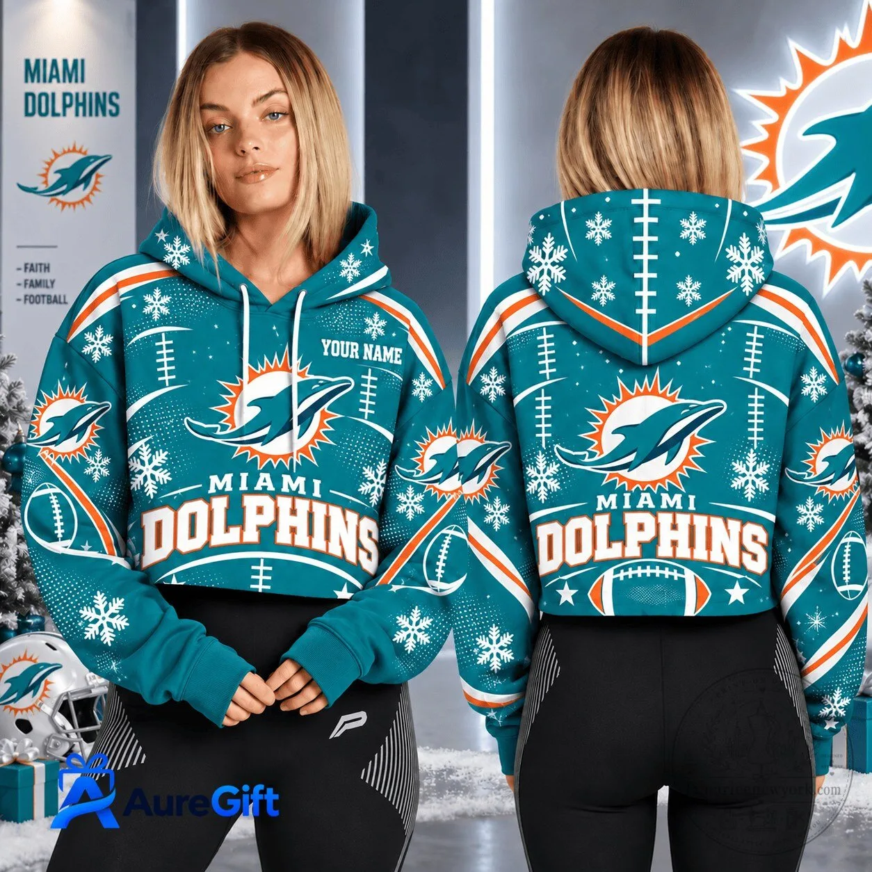 Miami Dolphins Football Christmas Cropped Hoodie for Women