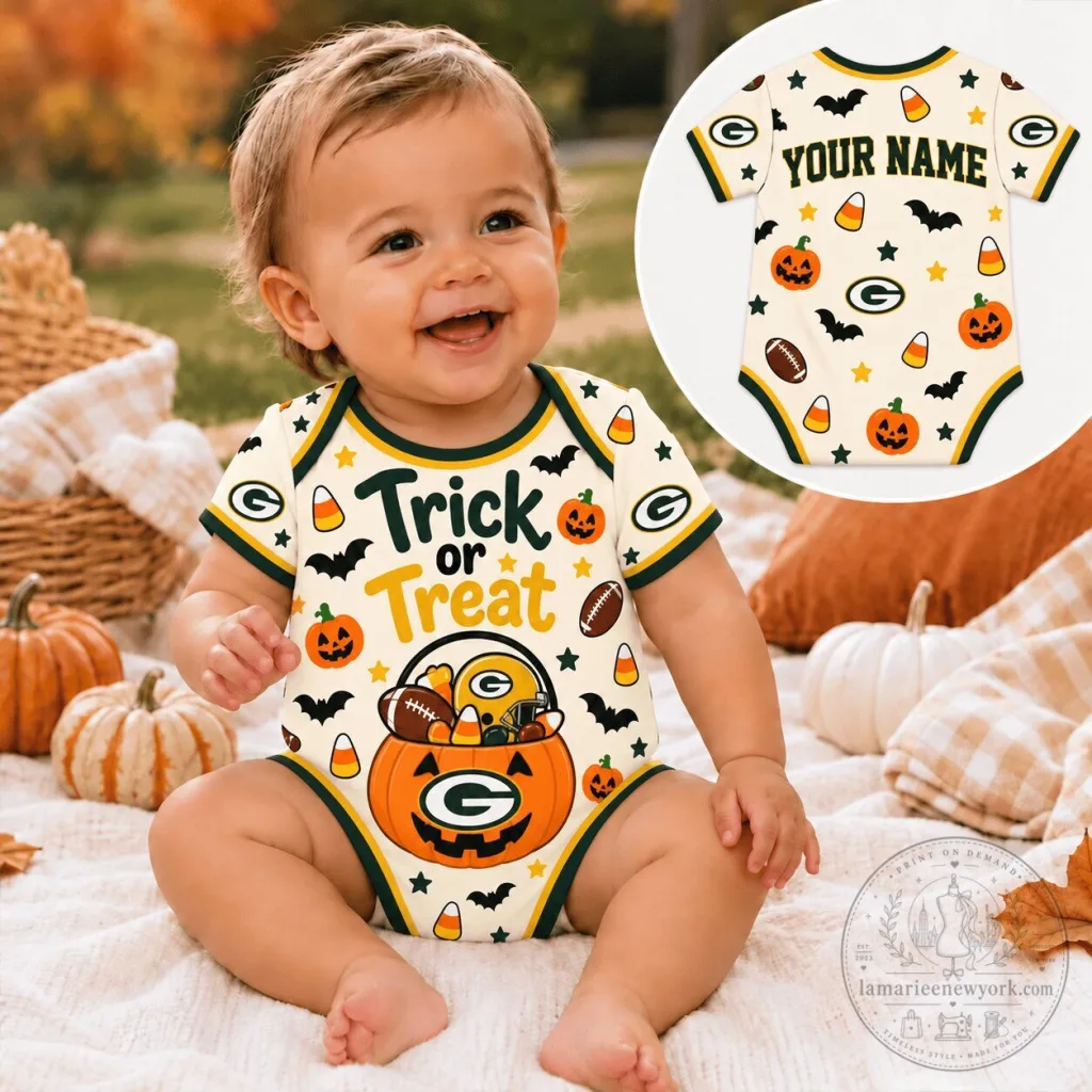 Green Bay Packers Personalized Halloween Trick or Treat Baby Bodysuit Green Bay Packers Personalized Halloween Trick or Treat Baby Bodysuit