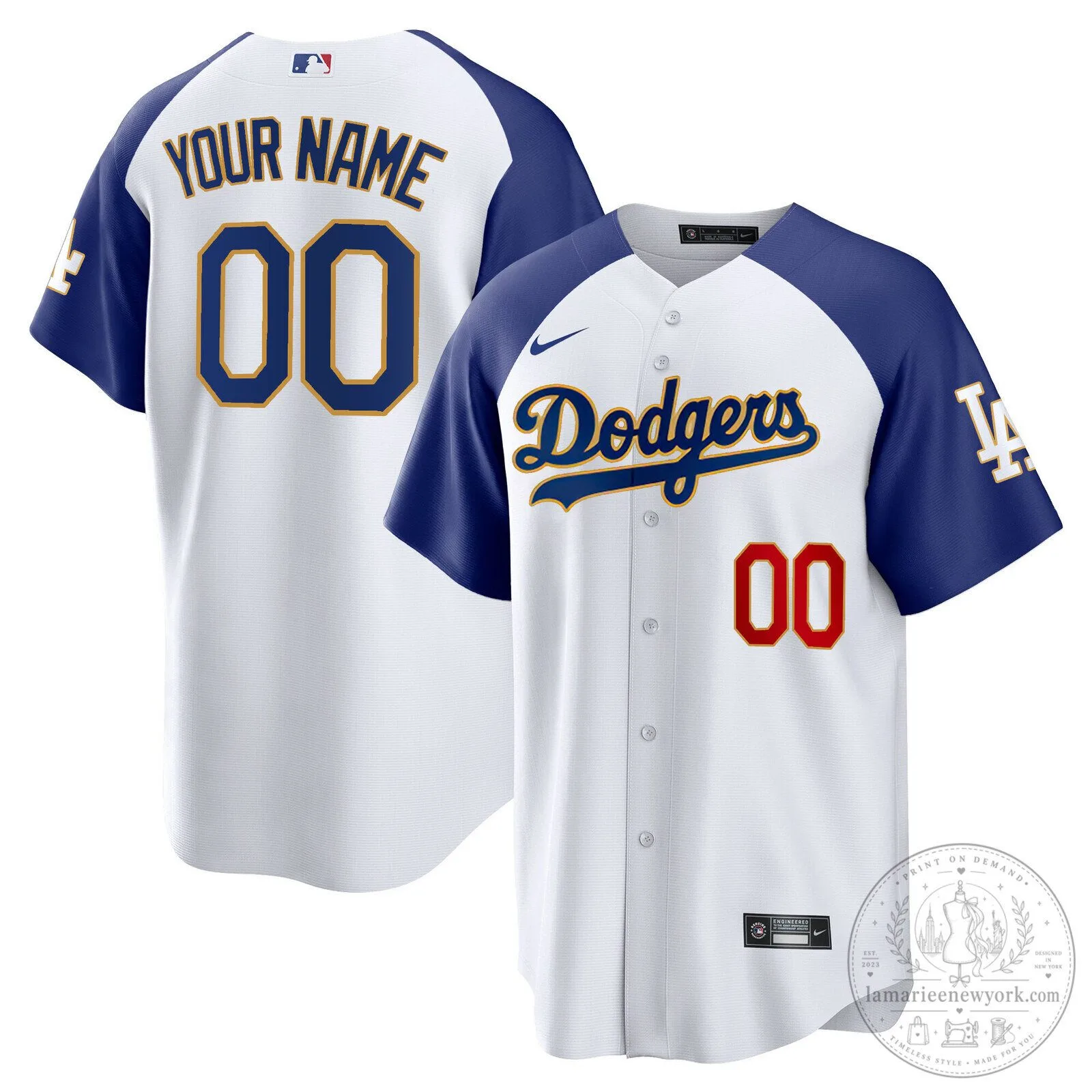 Los Angeles Dodgers Custom Baseball Jersey with Gold Trim and Your Name Number
