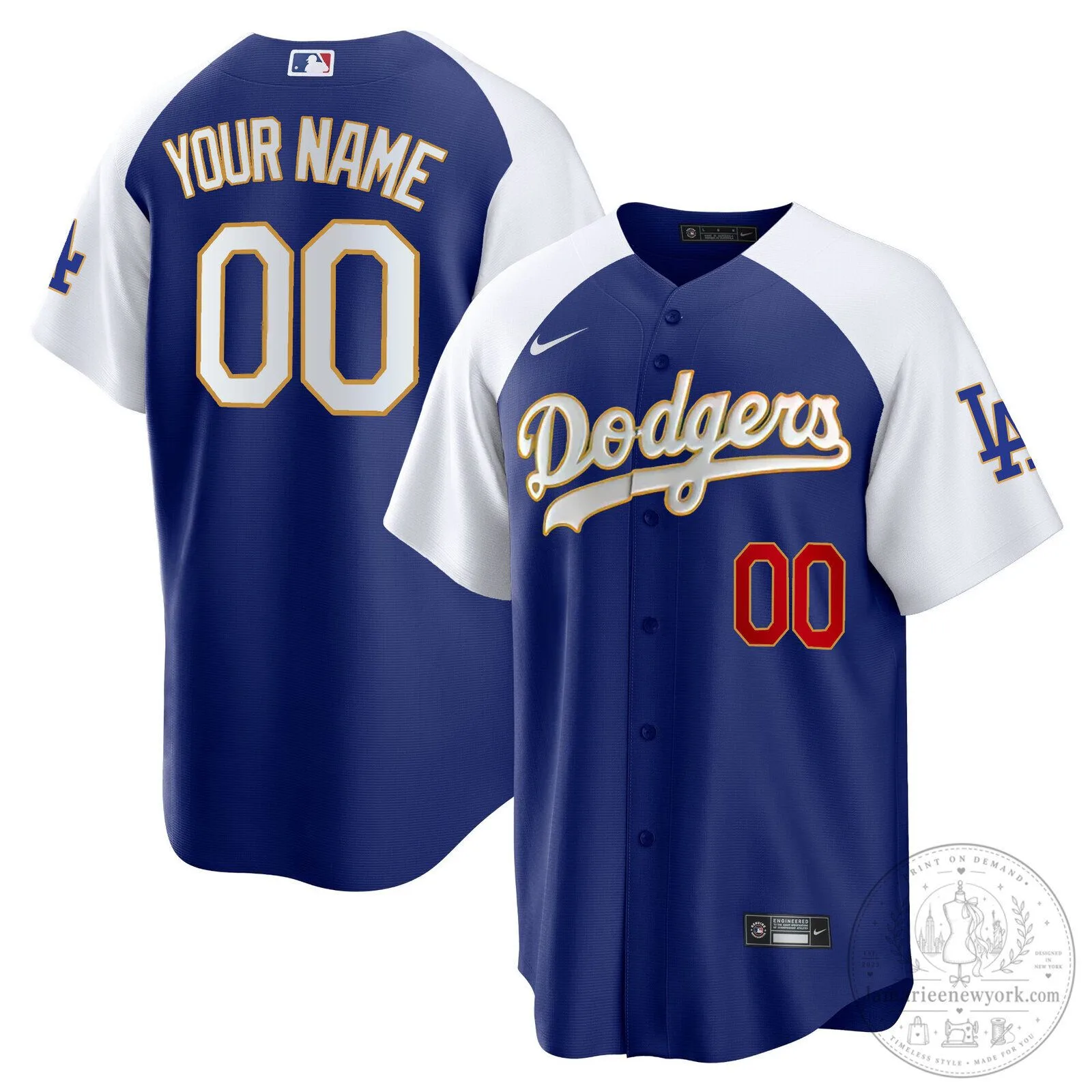 Los Angeles Dodgers Custom Baseball Jersey with Gold Trim and Your Name Number 5 Los Angeles Dodgers Custom Baseball Jersey with Gold Trim and Your Name Number
