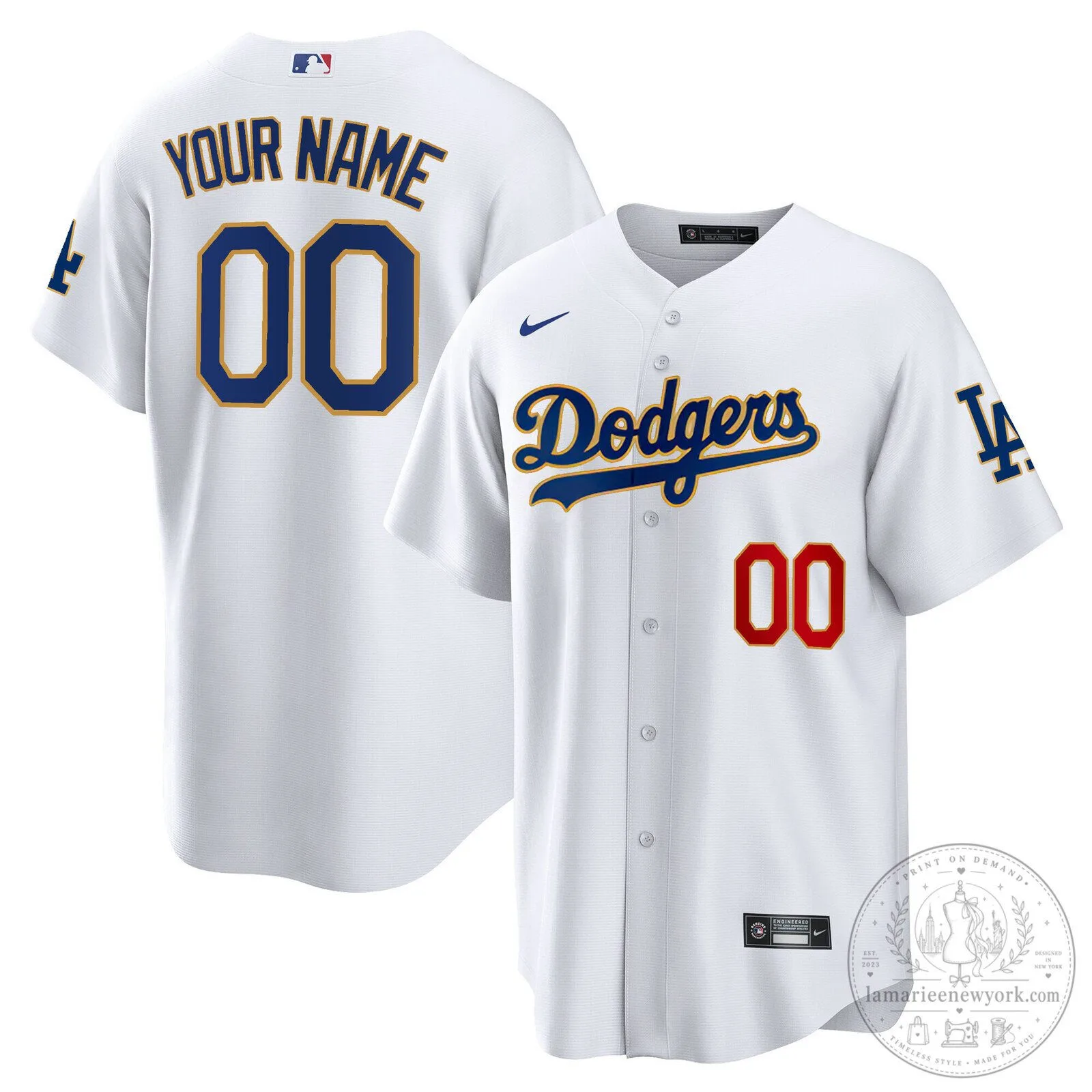 Los Angeles Dodgers Custom Baseball Jersey with Gold Trim and Your Name Number 6 Los Angeles Dodgers Custom Baseball Jersey with Gold Trim and Your Name Number
