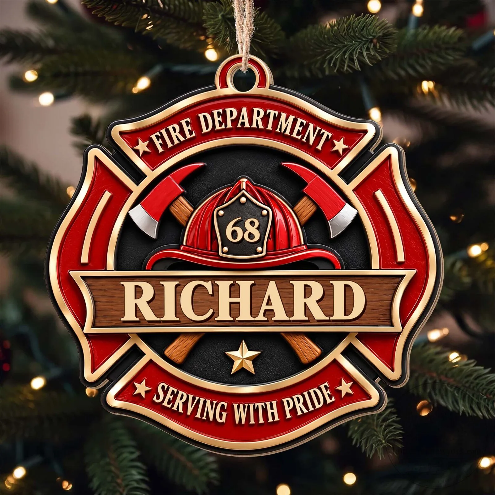 Personalized Fire Department Maltese Cross Serving With Pride Christmas Ornament