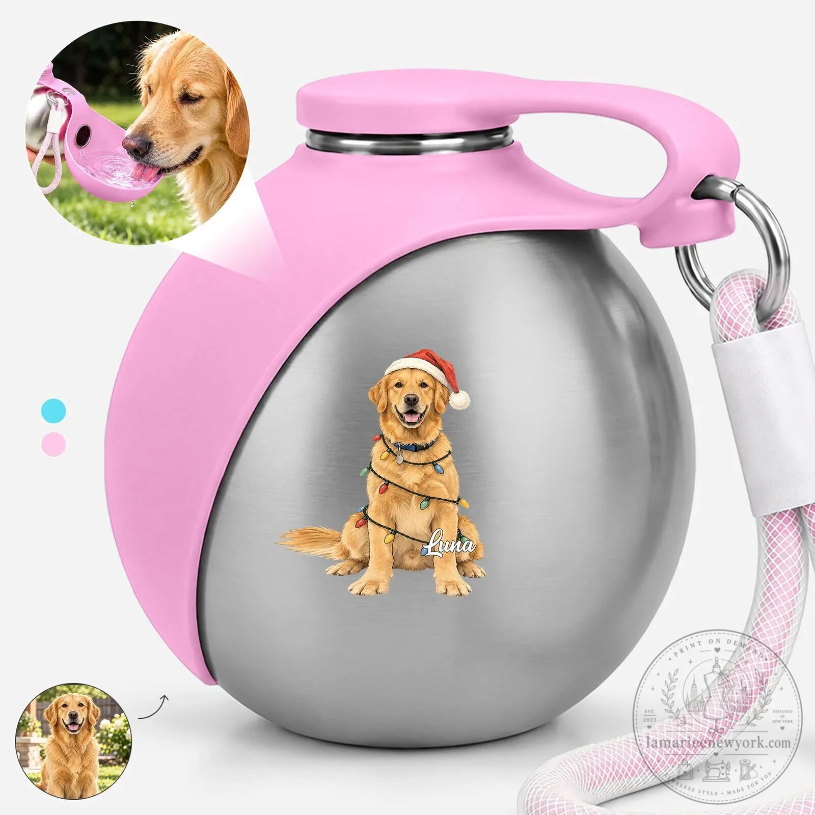 Personalized Golden Retriever Christmas Pet Portrait Water Bottle