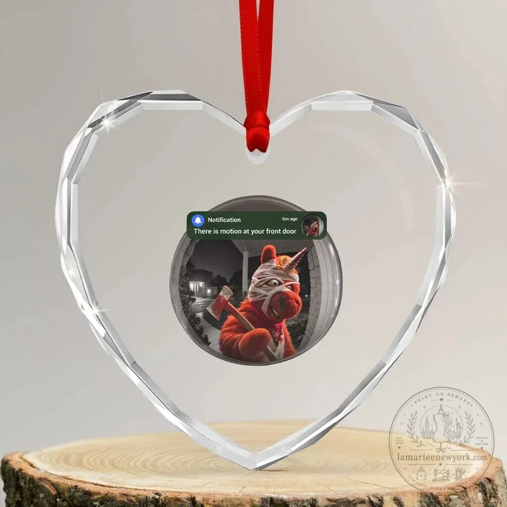 Scary Unicorn With Axe Buddy Heart Crystal Glass Christmas Ornament