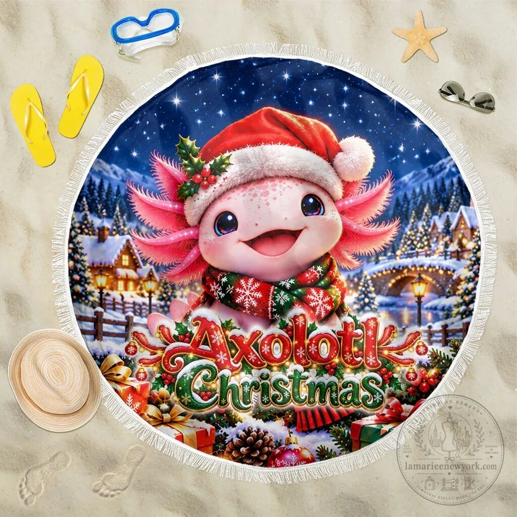 Axolotl Christmas Winter Wonderland Holiday Round Beach Blanket
