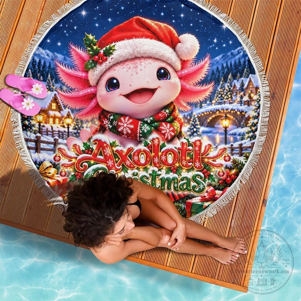 Axolotl Christmas Winter Wonderland Holiday Round Beach Blanket 6 Axolotl Christmas Winter Wonderland Holiday Round Beach Blanket