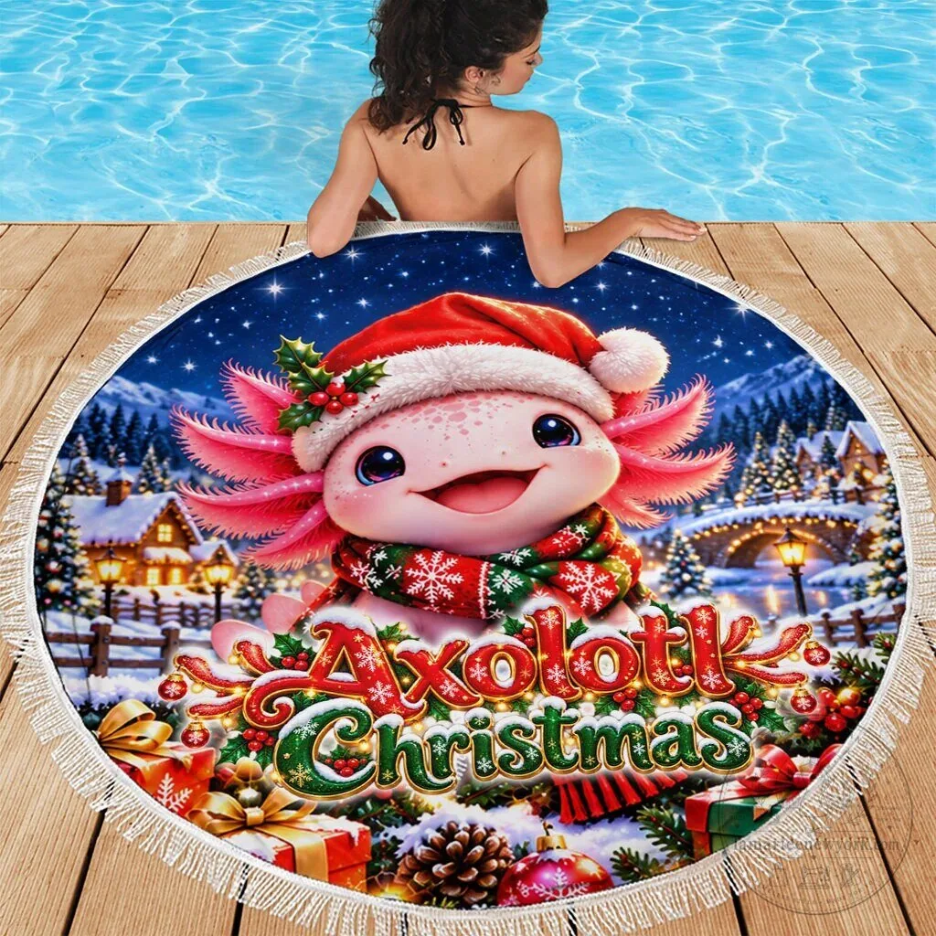 Axolotl Christmas Winter Wonderland Holiday Round Beach Blanket 7 Axolotl Christmas Winter Wonderland Holiday Round Beach Blanket