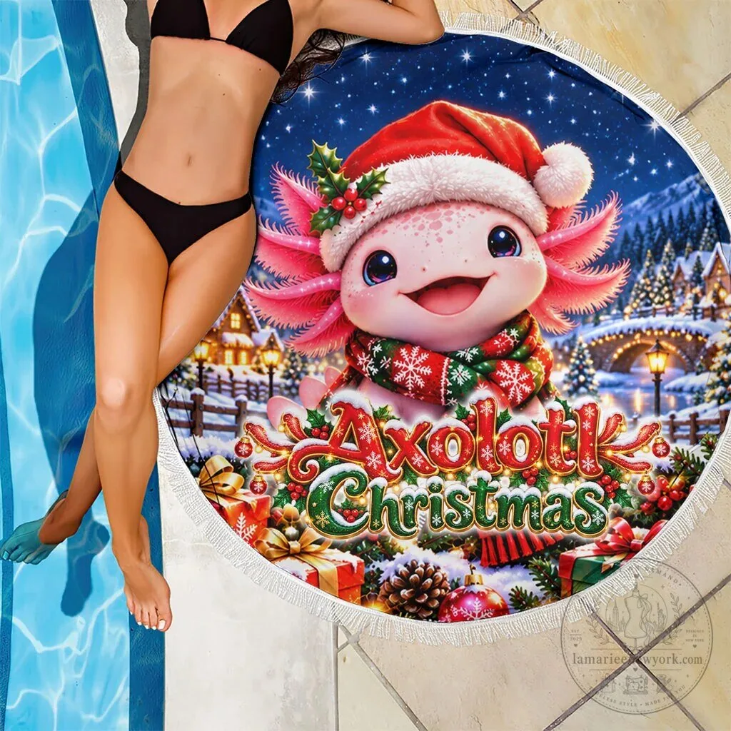 Axolotl Christmas Winter Wonderland Holiday Round Beach Blanket 9 Axolotl Christmas Winter Wonderland Holiday Round Beach Blanket
