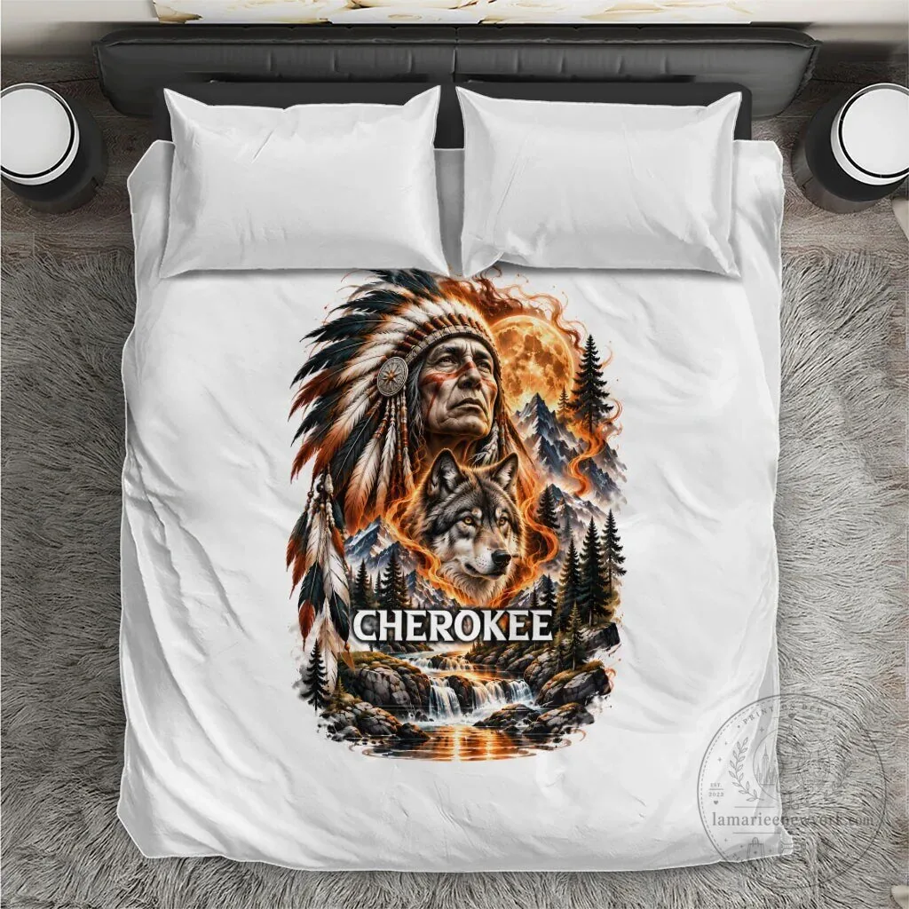 Cherokee Wolf and Native American Chief Tribal Nature Landscape Bedding Set