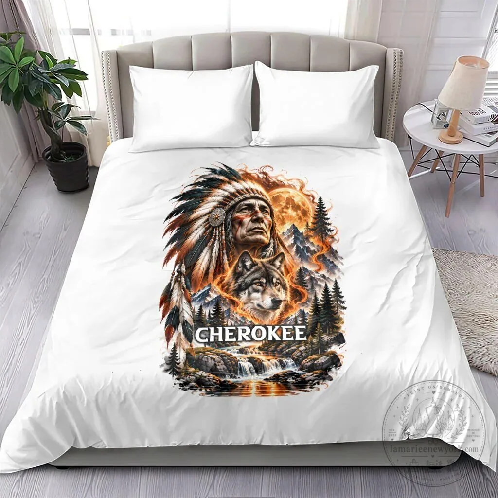 Cherokee Wolf and Native American Chief Tribal Nature Landscape Bedding Set 8 Cherokee Wolf and Native American Chief Tribal Nature Landscape Bedding Set
