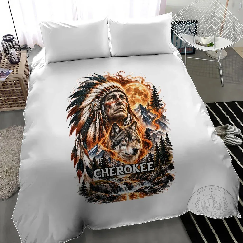 Cherokee Wolf and Native American Chief Tribal Nature Landscape Bedding Set 9 Cherokee Wolf and Native American Chief Tribal Nature Landscape Bedding Set