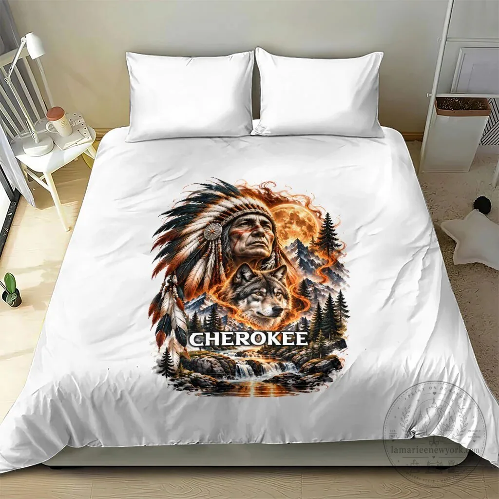 Cherokee Wolf and Native American Chief Tribal Nature Landscape Bedding Set 10 Cherokee Wolf and Native American Chief Tribal Nature Landscape Bedding Set
