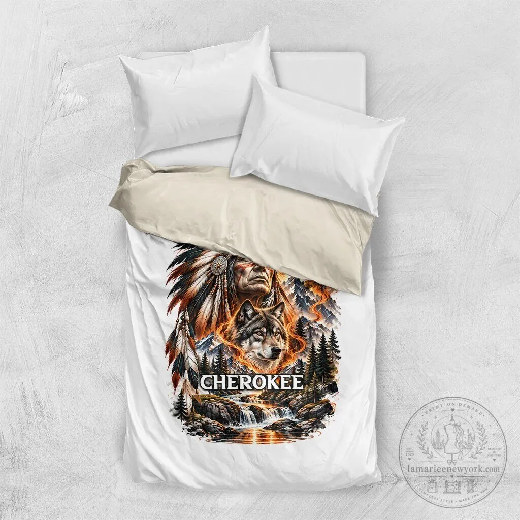 Cherokee Wolf and Native American Chief Tribal Nature Landscape Bedding Set 11 Cherokee Wolf and Native American Chief Tribal Nature Landscape Bedding Set