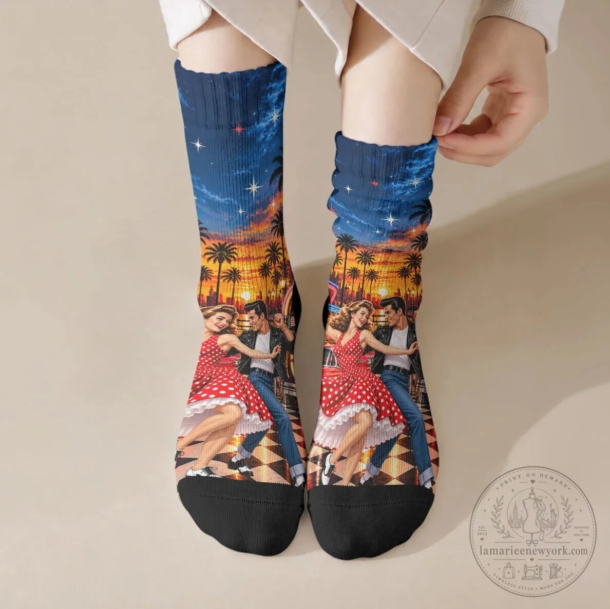 Vintage 1950s Rock and Roll Couple Dancing Retro Nostalgia Crew Socks