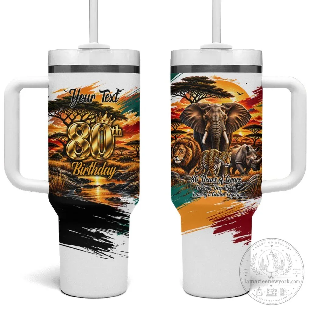 Personalized 80th Birthday African Safari Wildlife Sunset Landscape Tumbler With Handle