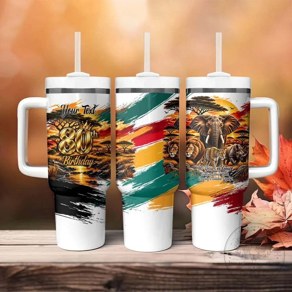 Personalized 80th Birthday African Safari Wildlife Sunset Landscape Tumbler With Handle 8 Personalized 80th Birthday African Safari Wildlife Sunset Landscape Tumbler With Handle