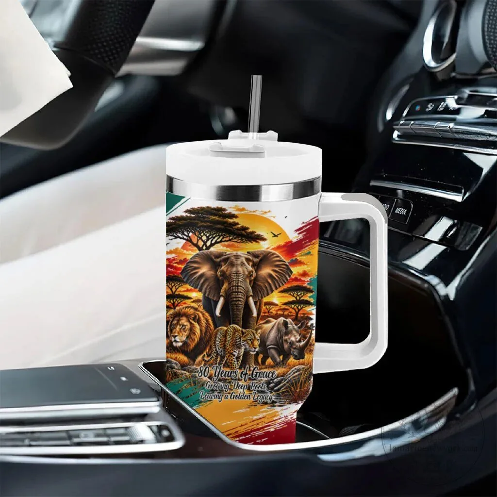Personalized 80th Birthday African Safari Wildlife Sunset Landscape Tumbler With Handle 9 Personalized 80th Birthday African Safari Wildlife Sunset Landscape Tumbler With Handle