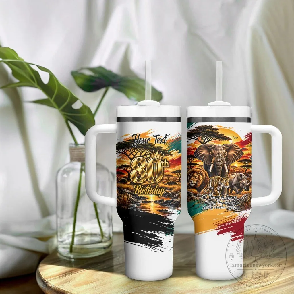 Personalized 80th Birthday African Safari Wildlife Sunset Landscape Tumbler With Handle 11 Personalized 80th Birthday African Safari Wildlife Sunset Landscape Tumbler With Handle