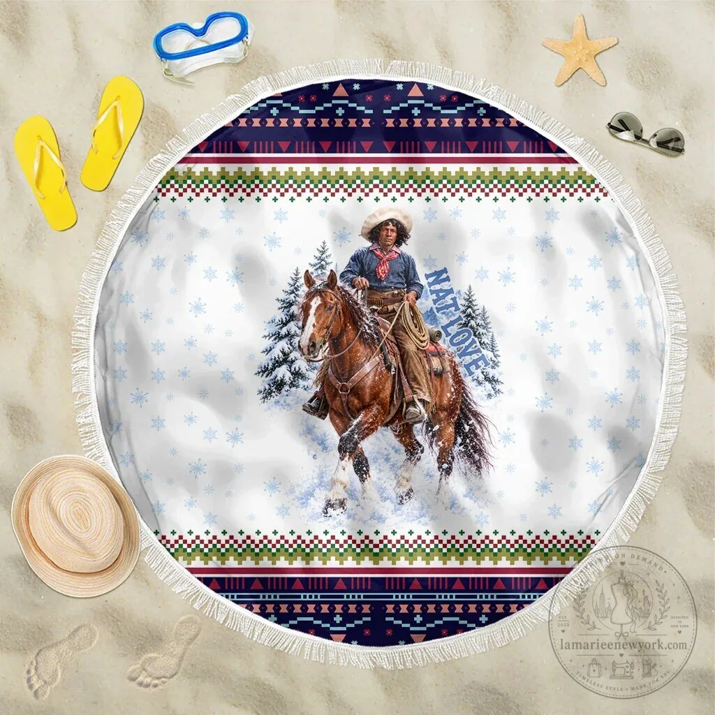 Nat Love African American Cowboy Winter Snow Fair Isle Pattern Round Beach Blanket