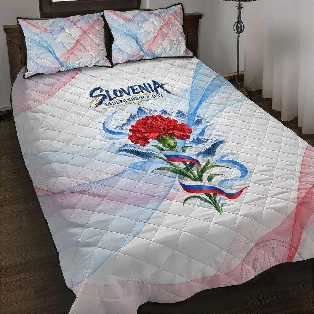 Slovenia Independence Day Red Carnation Flower Mount Triglav Flag Quilt Bedding Set
